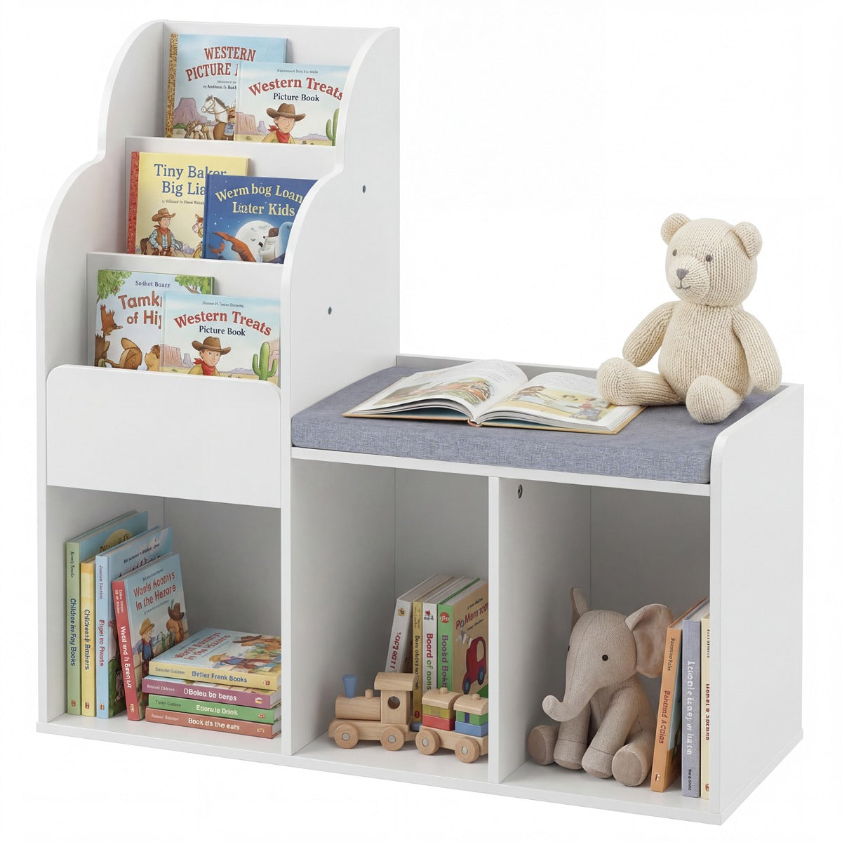 LIVSK Kinderboekenkast met Zitbank - 3 Planken en 3 Vakken - Robuust MDF - Kindvriendelijk Ontwerp - Wit + Grijs