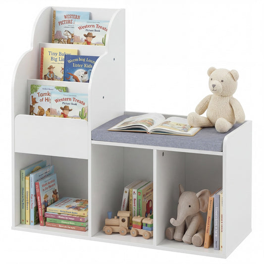 LIVSK Kinderboekenkast met Zitbank - 3 Planken en 3 Vakken - Robuust MDF - Kindvriendelijk Ontwerp - Wit + Grijs