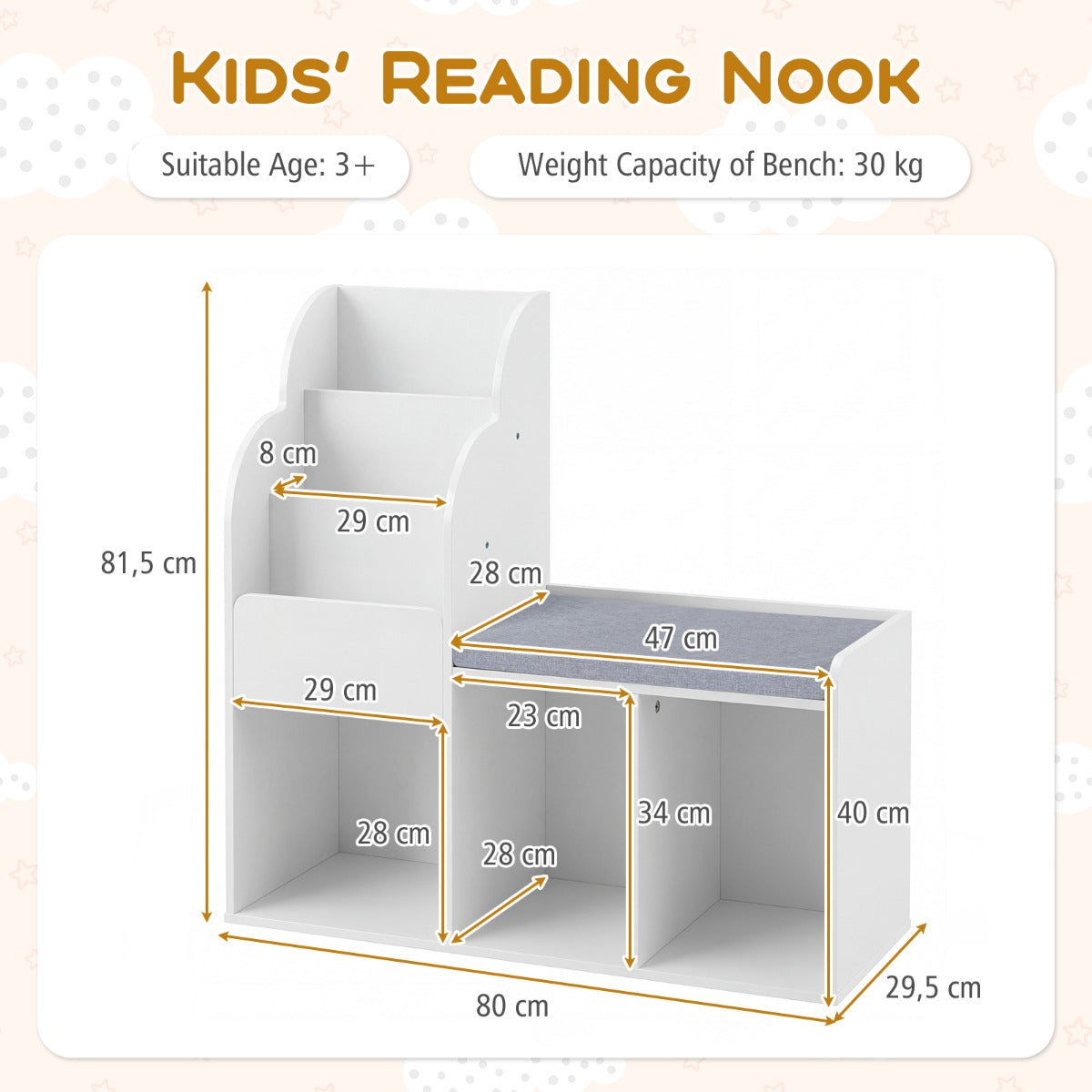 LIVSK Kinderboekenkast met Zitbank - 3 Planken en 3 Vakken - Robuust MDF - Kindvriendelijk Ontwerp - Wit + Grijs