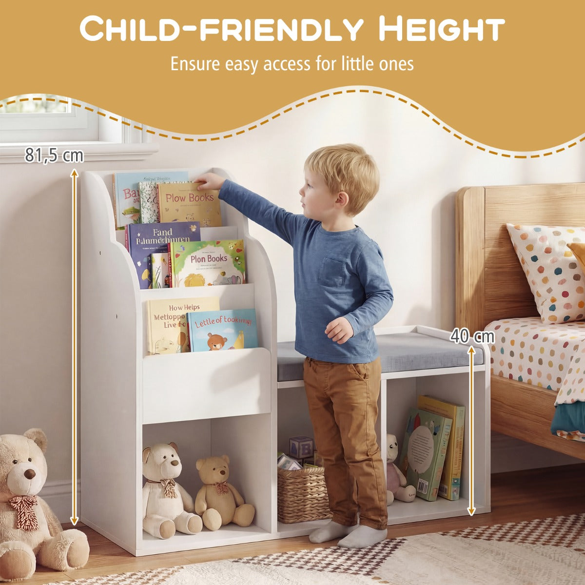 LIVSK Kinderboekenkast met Zitbank - 3 Planken en 3 Vakken - Robuust MDF - Kindvriendelijk Ontwerp - Wit + Grijs