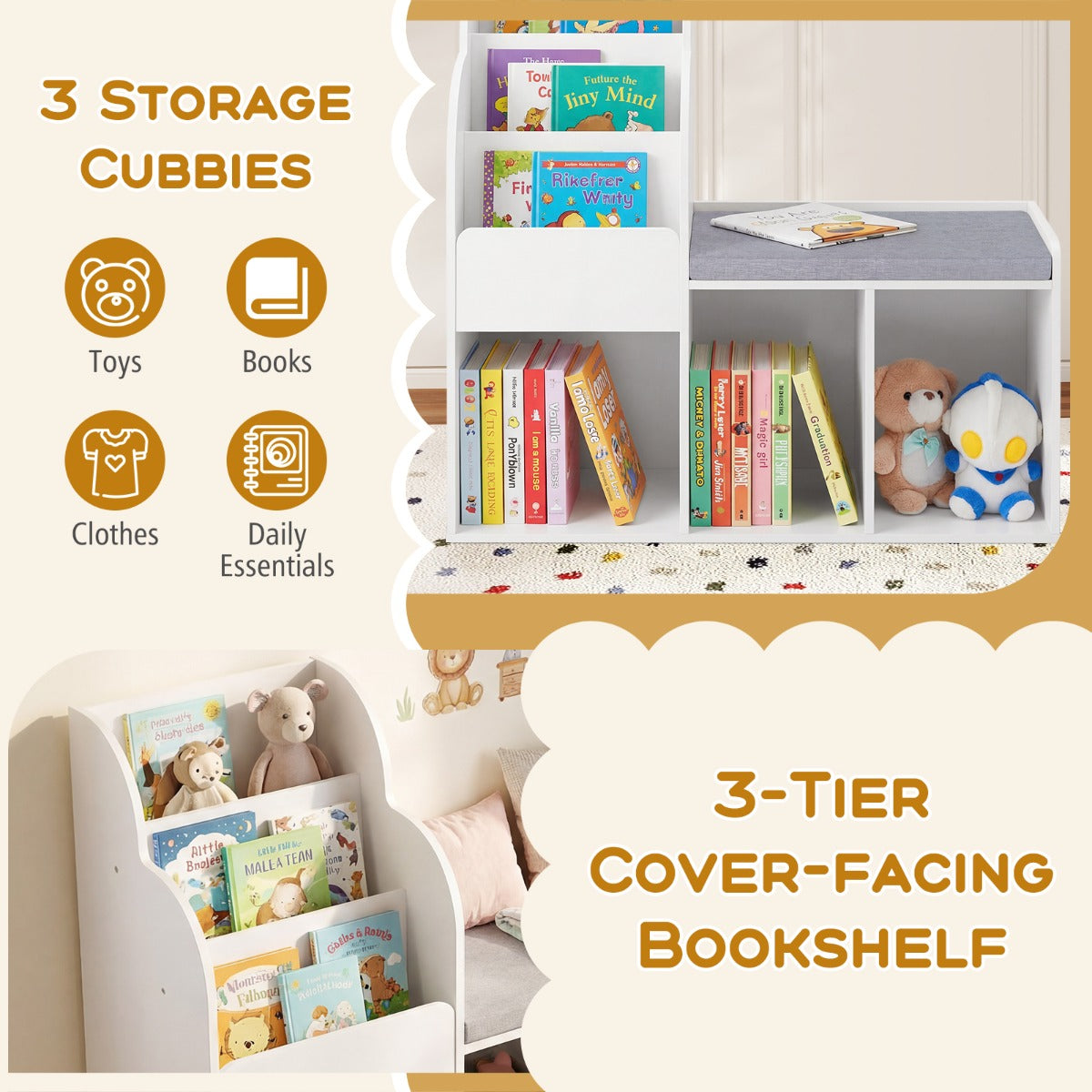 LIVSK Kinderboekenkast met Zitbank - 3 Planken en 3 Vakken - Robuust MDF - Kindvriendelijk Ontwerp - Wit + Grijs