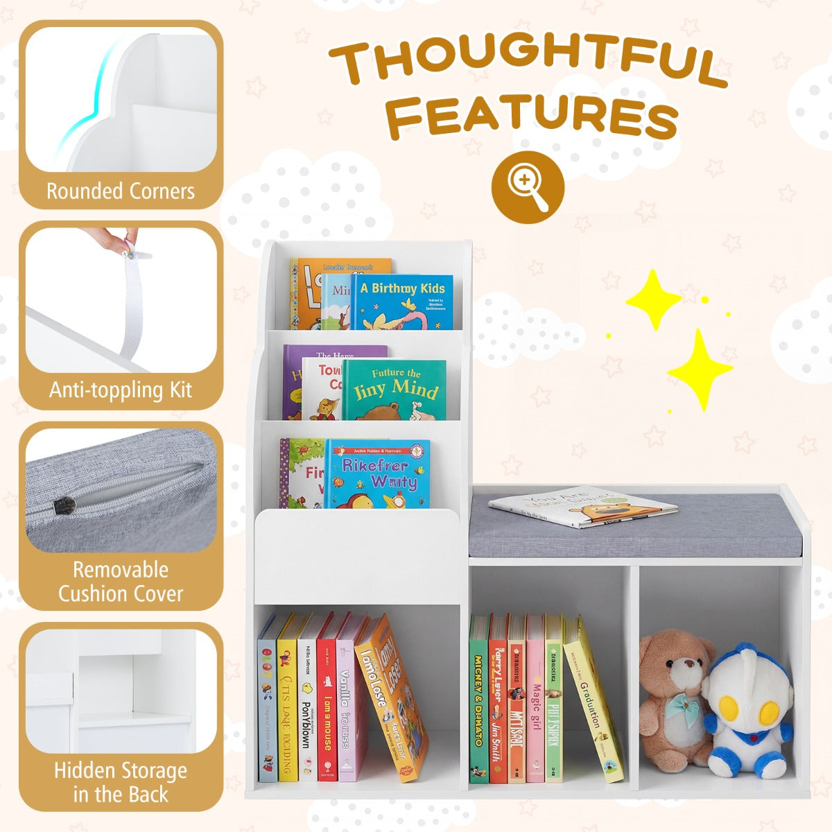 LIVSK Kinderboekenkast met Zitbank - 3 Planken en 3 Vakken - Robuust MDF - Kindvriendelijk Ontwerp - Wit + Grijs