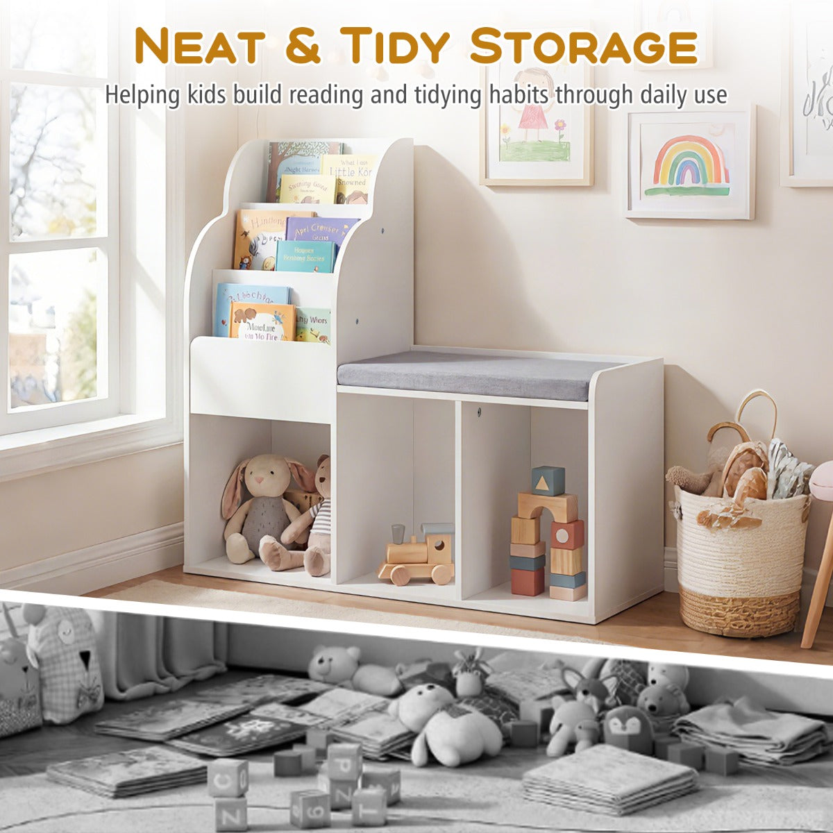 LIVSK Kinderboekenkast met Zitbank - 3 Planken en 3 Vakken - Robuust MDF - Kindvriendelijk Ontwerp - Wit + Grijs