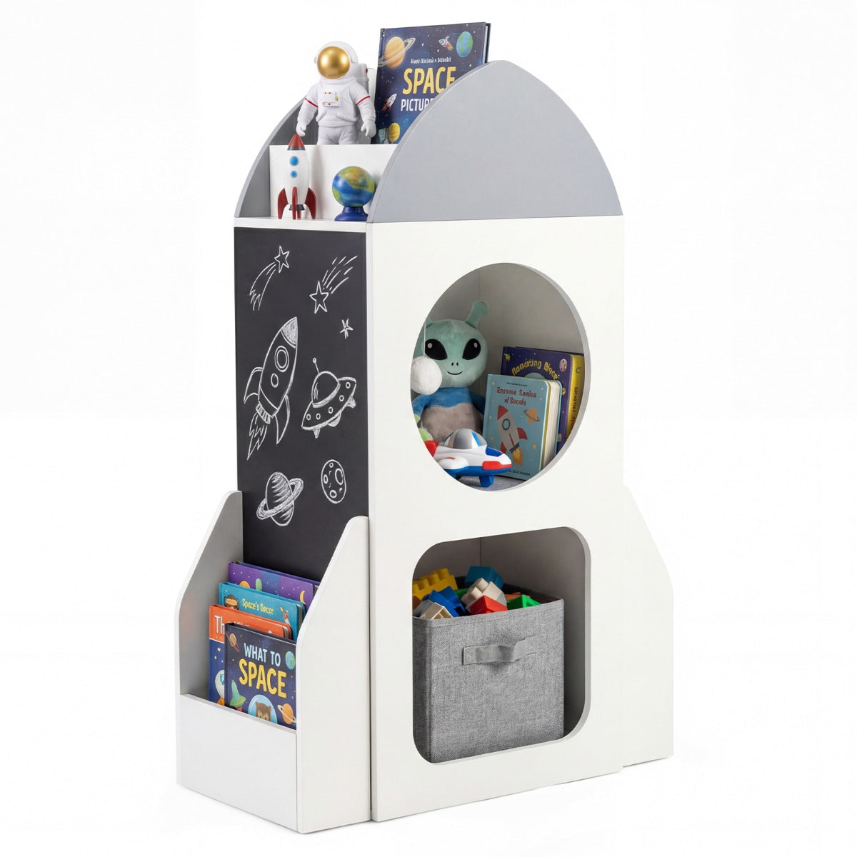 LIVSK Kinderboekenkast Ruimtevaartthema - Opbergorganizer Peuterspeelgoed - Krijtbord - 2 Vakken - Wit