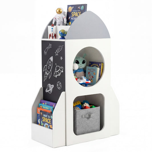 LIVSK Kinderboekenkast Ruimtevaartthema - Opbergorganizer Peuterspeelgoed - Krijtbord - 2 Vakken - Wit