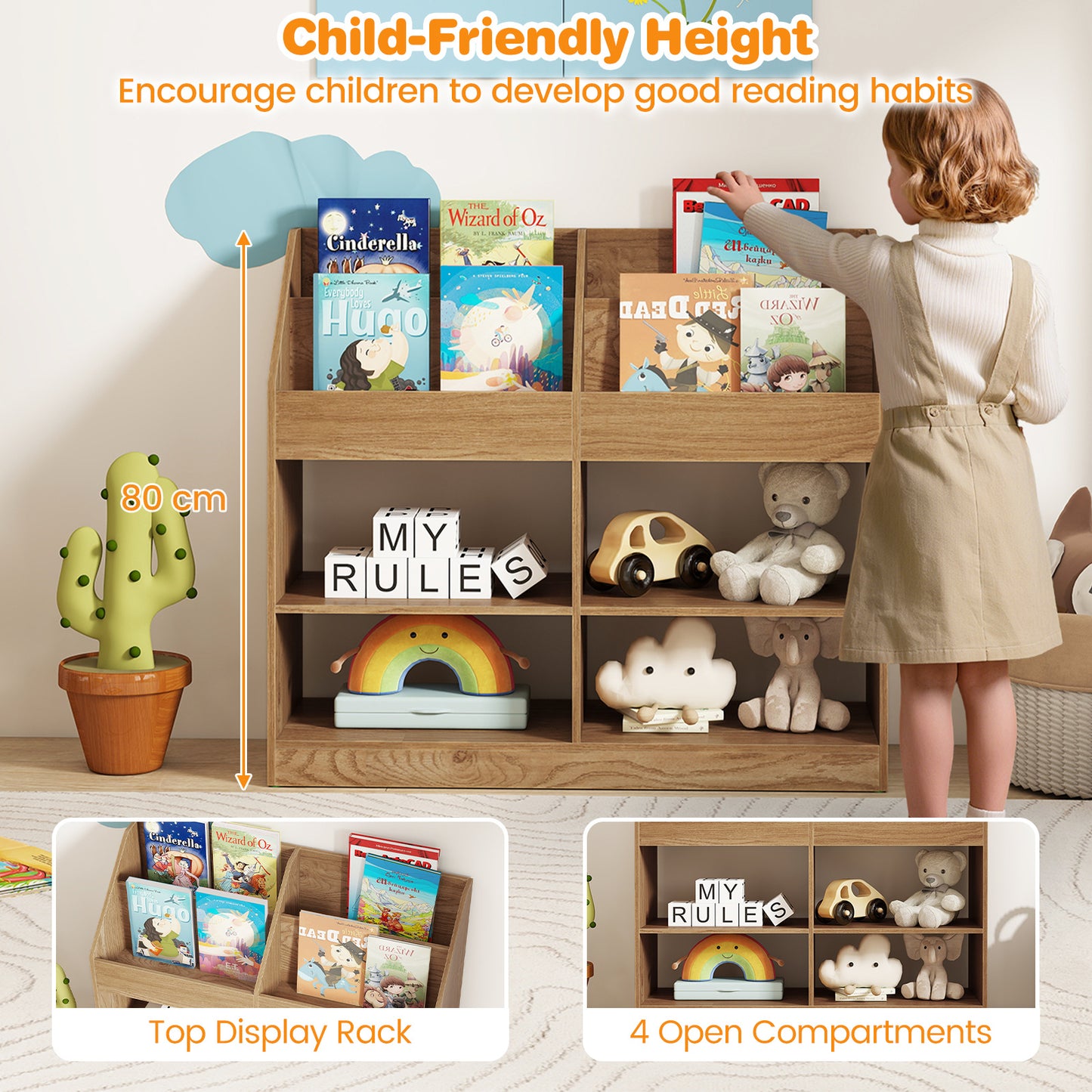 LIVSK Kinderboekenplank - Hoogwaardig Hout - 4 Planken en Open Vakken - Veilig Ontwerp - 80 cm Hoog - Natuur/Wit