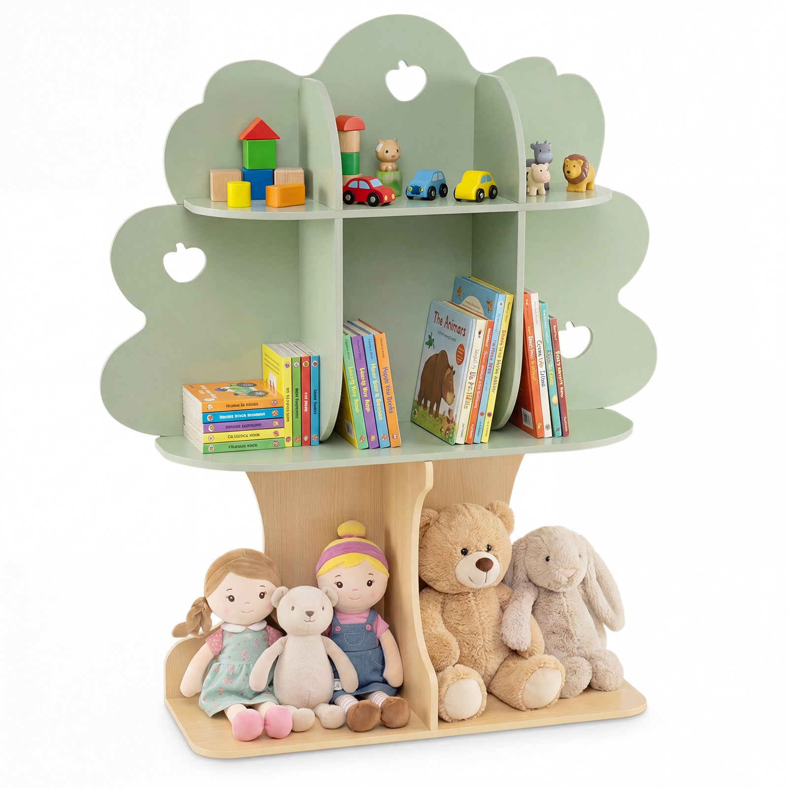 LIVSK Kinderboekenrek - Boomvorm met Appelmotief - 8 Open Vakken - Kindvriendelijke Hoogte - Groen