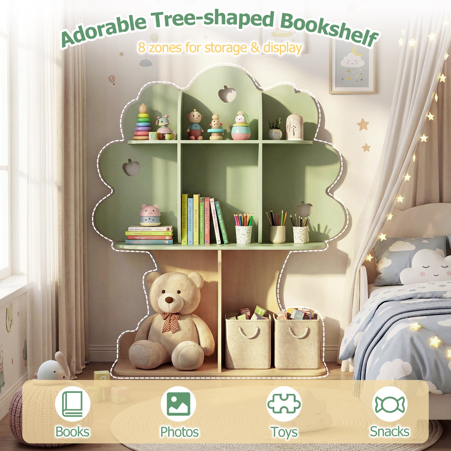 LIVSK Kinderboekenrek - Boomvorm met Appelmotief - 8 Open Vakken - Kindvriendelijke Hoogte - Groen