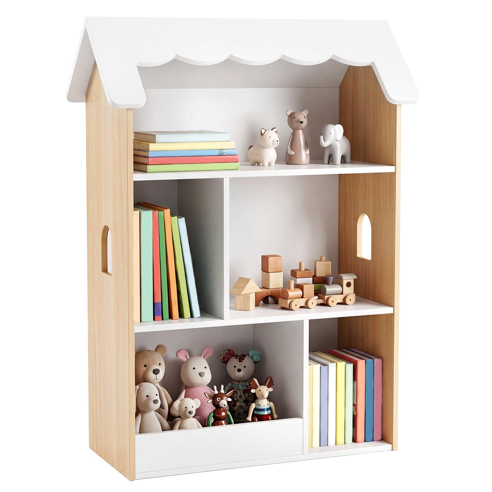 LIVSK Kinderboekenrek - Huisvorm Ontwerp - 5 Open Vakken - Veilige Kantelbescherming - Wit & Naturel