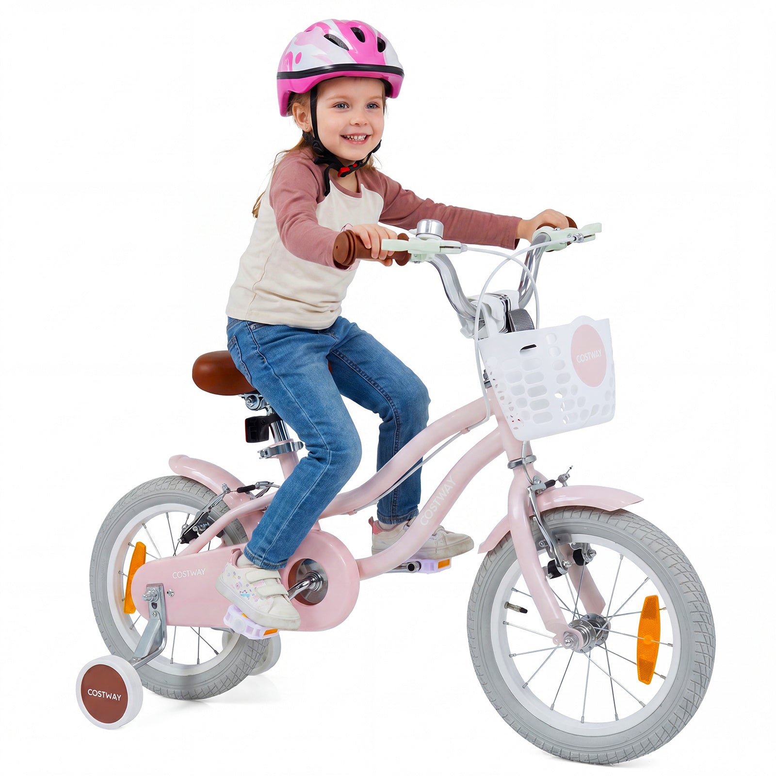 LIVSK Kinderfiets 14 inch - Handrem en V-remmen - Verstelbaar Stuur en Zadel - Inclusief Mandje en Bel - Roze/Paarse