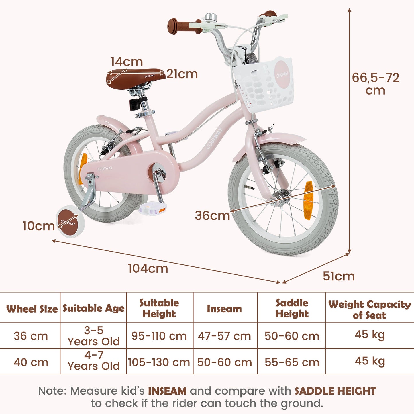 LIVSK Kinderfiets 14 inch - Handrem en V-remmen - Verstelbaar Stuur en Zadel - Inclusief Mandje en Bel - Roze/Paarse