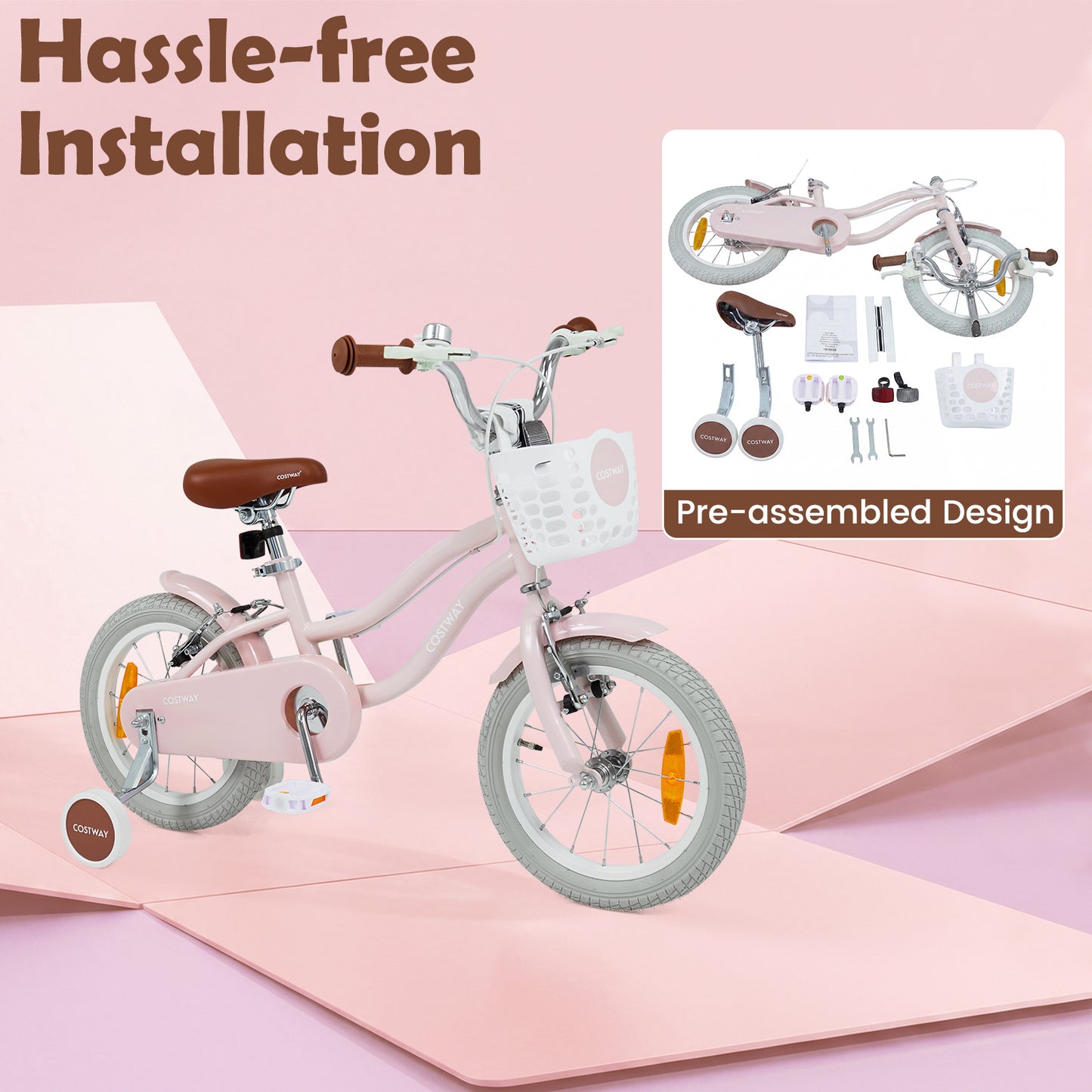 LIVSK Kinderfiets 14 inch - Handrem en V-remmen - Verstelbaar Stuur en Zadel - Inclusief Mandje en Bel - Roze/Paarse
