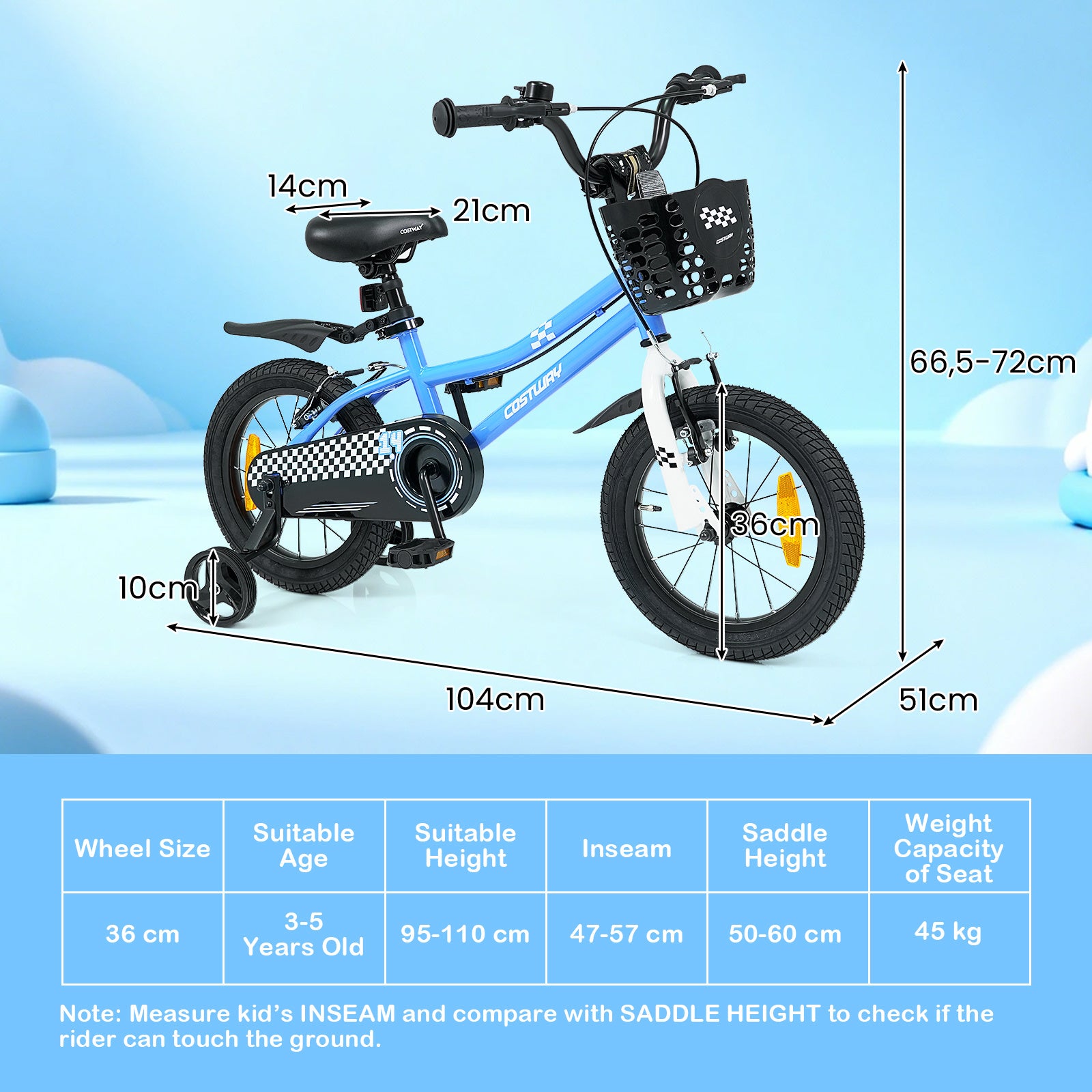 LIVSK Kinderfiets 14 inch - Hoogte Verstelbaar Zadel en Stuur - Veilig Dubbel Remsysteem - Antislip Banden - Blauw/Wit