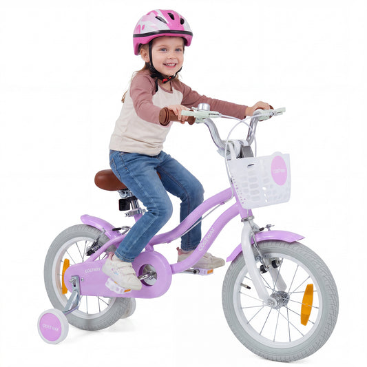 LIVSK Kinderfiets 14 inch - Verstelbaar Stuur - Robuust Metaal - Handrem & V-remmen - Inclusief Mandje - Roze/Paarse