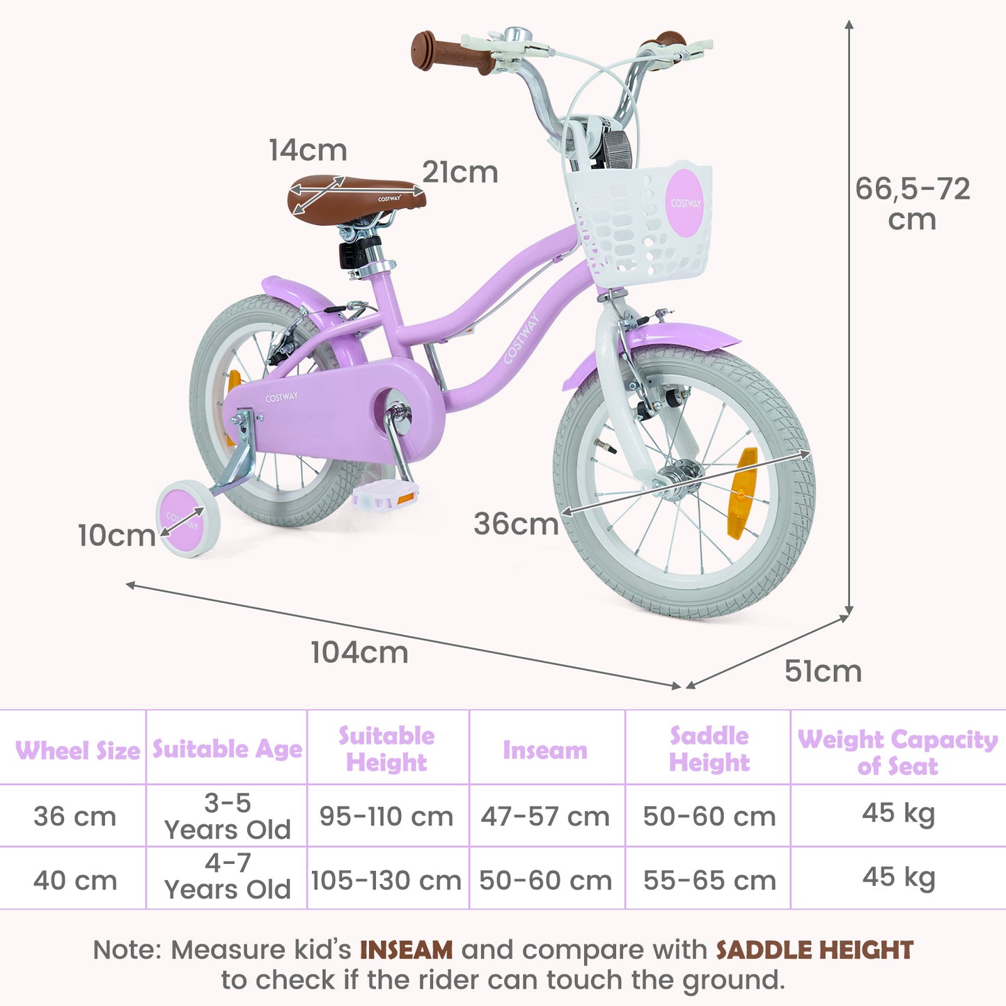 LIVSK Kinderfiets 14 inch - Verstelbaar Stuur - Robuust Metaal - Handrem & V-remmen - Inclusief Mandje - Roze/Paarse