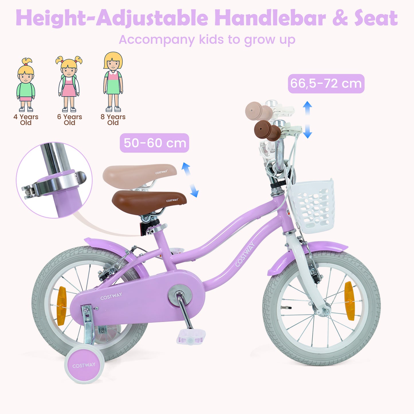 LIVSK Kinderfiets 14 inch - Verstelbaar Stuur - Robuust Metaal - Handrem & V-remmen - Inclusief Mandje - Roze/Paarse
