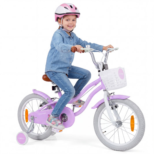 LIVSK Kinderfiets 16 inch - Handrem en V-remmen - Verstelbaar Stuur en Zadel - Inclusief Mandje en Bel - Roze/Paarse