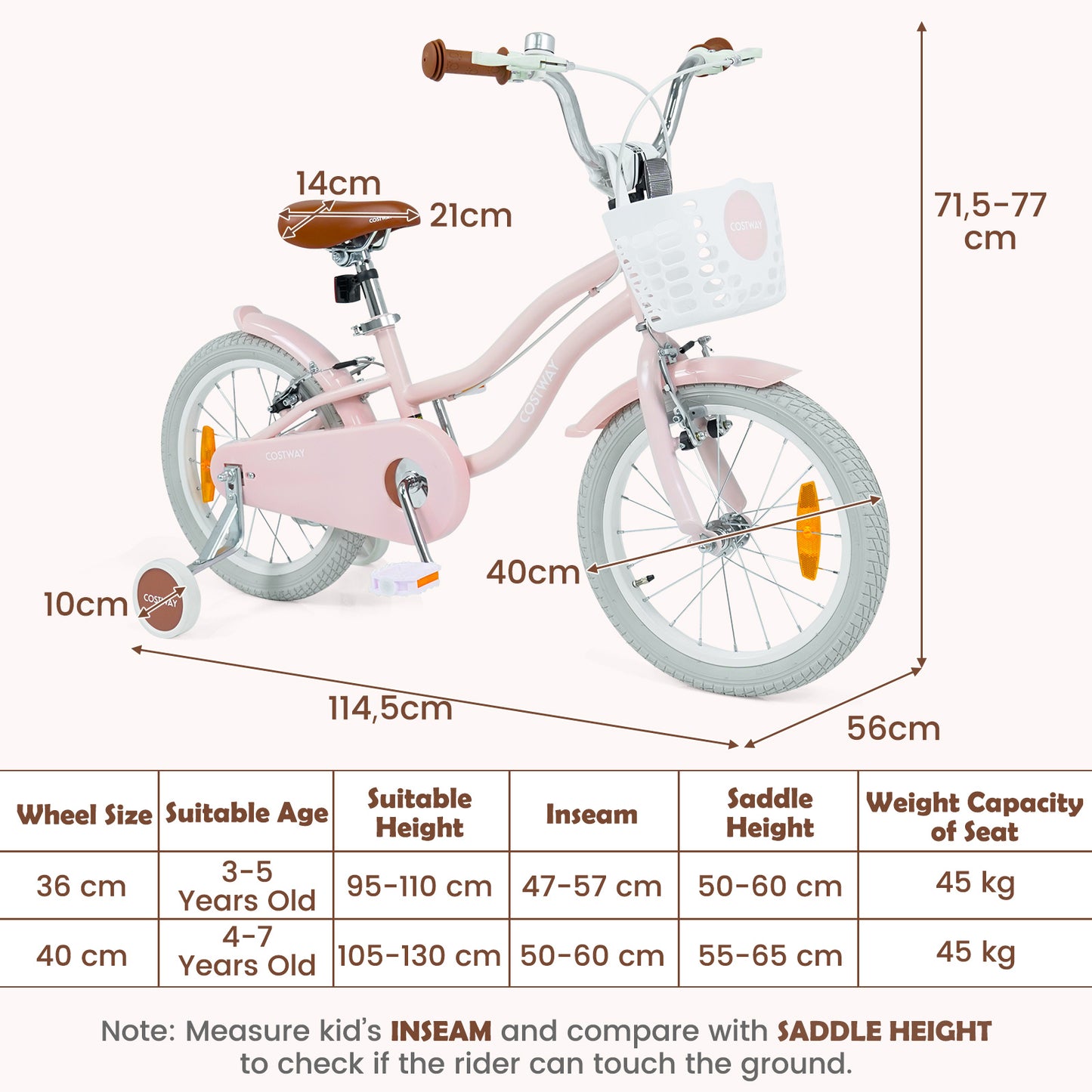LIVSK Kinderfiets 16 Inch - Handrem en V-remmen - Verstelbaar Stuur en Zadel - Inclusief Mandje en Bel - Roze/Paarse