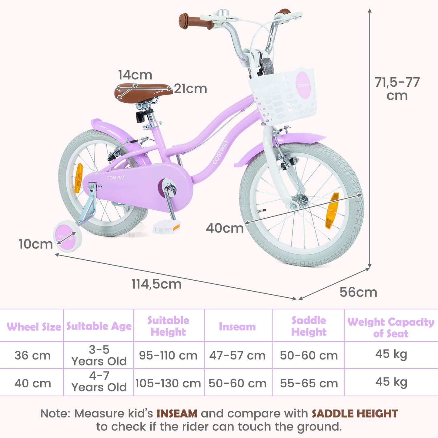 LIVSK Kinderfiets 16 inch - Handrem en V-remmen - Verstelbaar Stuur en Zadel - Inclusief Mandje en Bel - Roze/Paarse