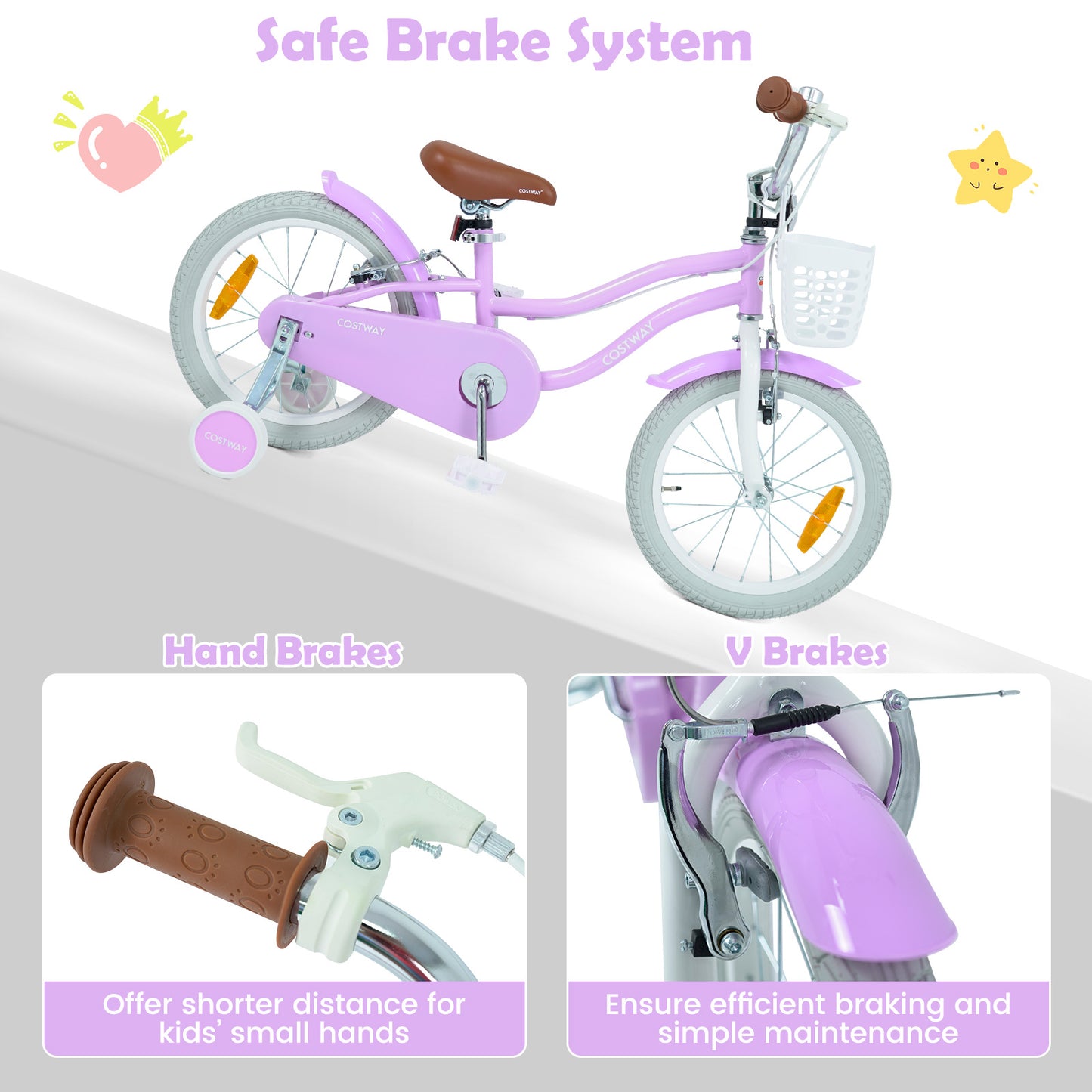 LIVSK Kinderfiets 16 inch - Handrem en V-remmen - Verstelbaar Stuur en Zadel - Inclusief Mandje en Bel - Roze/Paarse