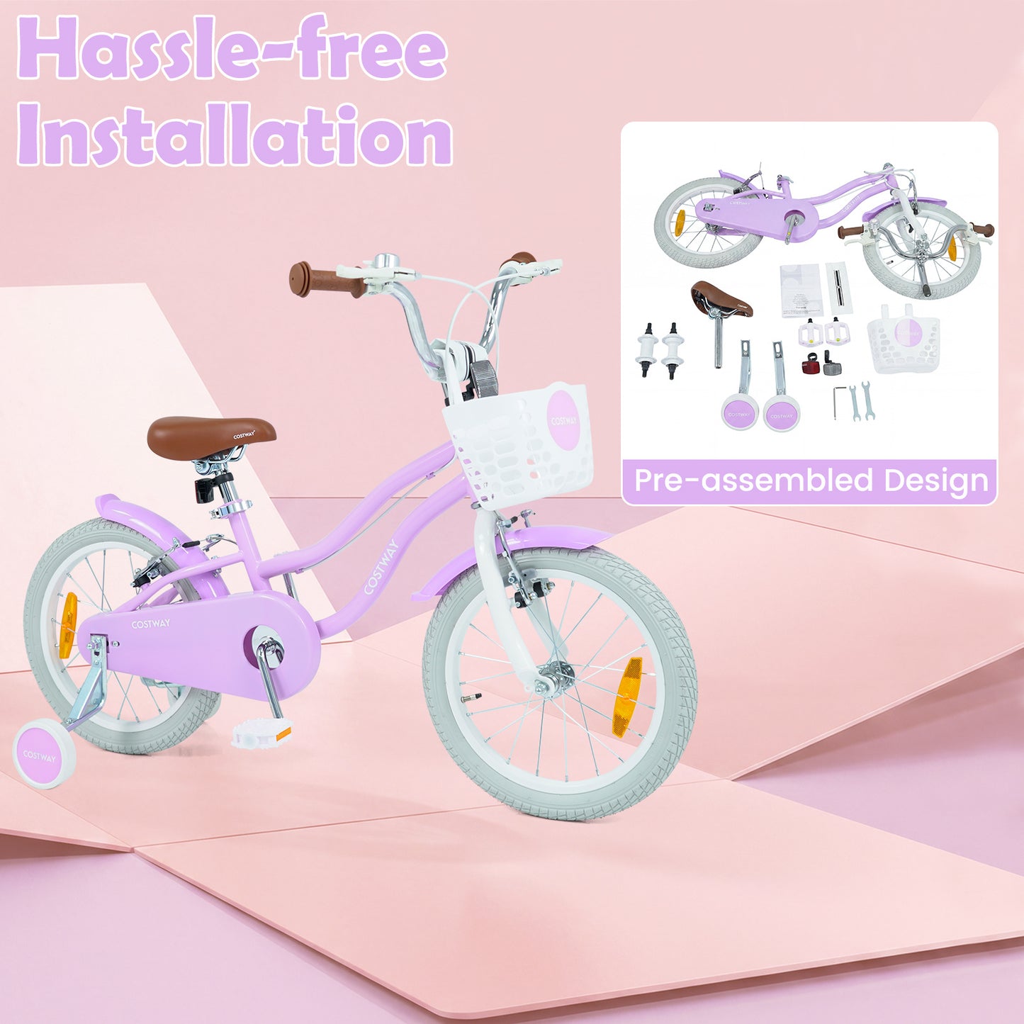 LIVSK Kinderfiets 16 inch - Handrem en V-remmen - Verstelbaar Stuur en Zadel - Inclusief Mandje en Bel - Roze/Paarse