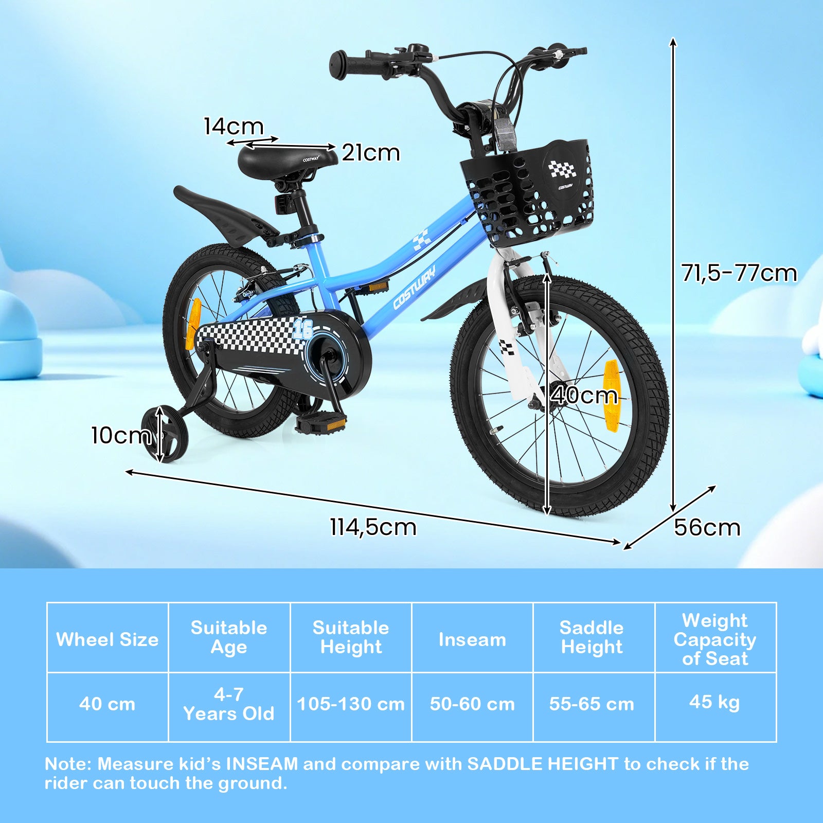 LIVSK Kinderfiets 16 inch - In Hoogte Verstelbaar Zadel en Stuur - Dubbel Remsysteem - Antislip Banden - Blauw/Wit
