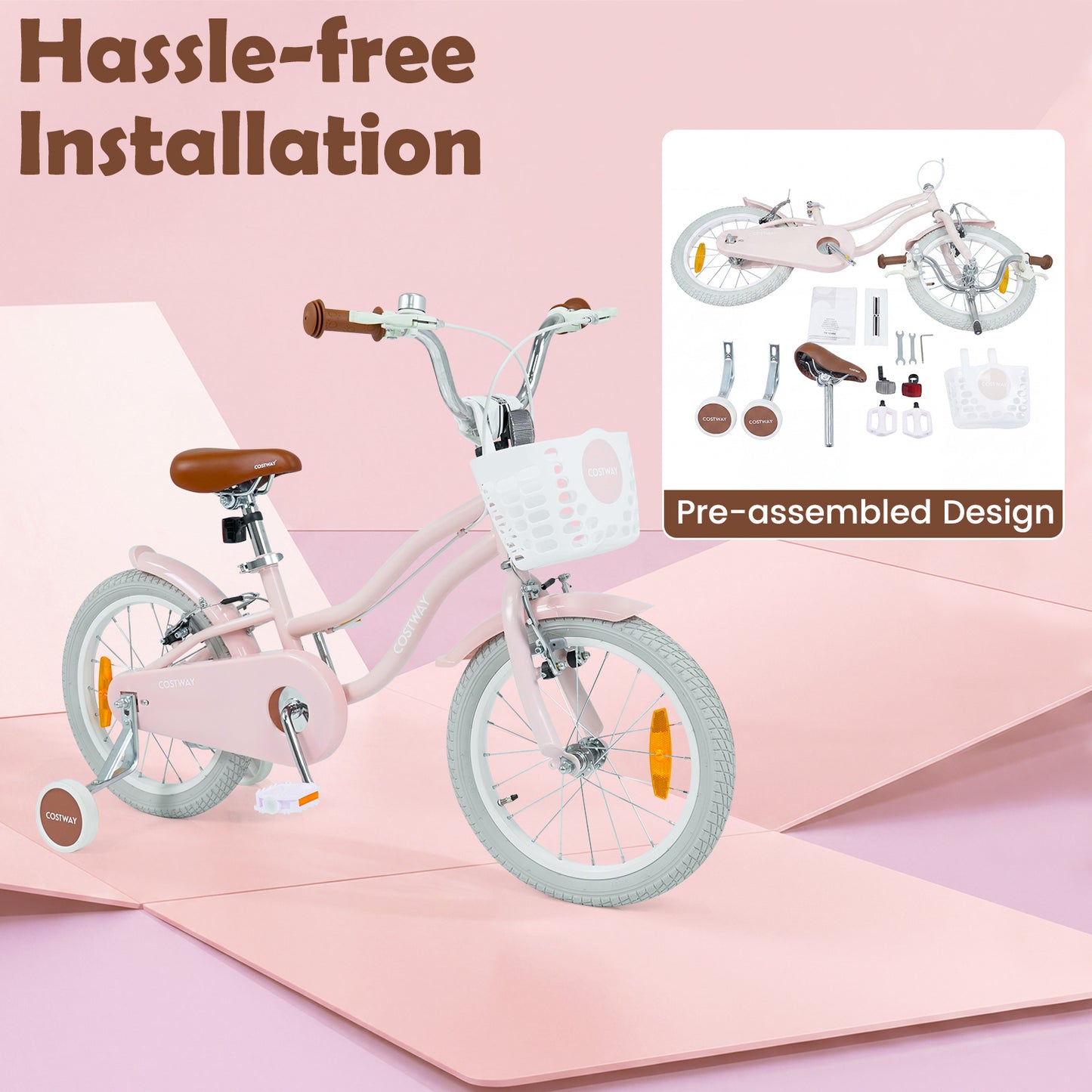 LIVSK Kinderfiets 16 inch - Met Zijwielen en Mand - Verstelbaar Stuur en Zadel - Antislip Voetsteunen - Roze/Paarse