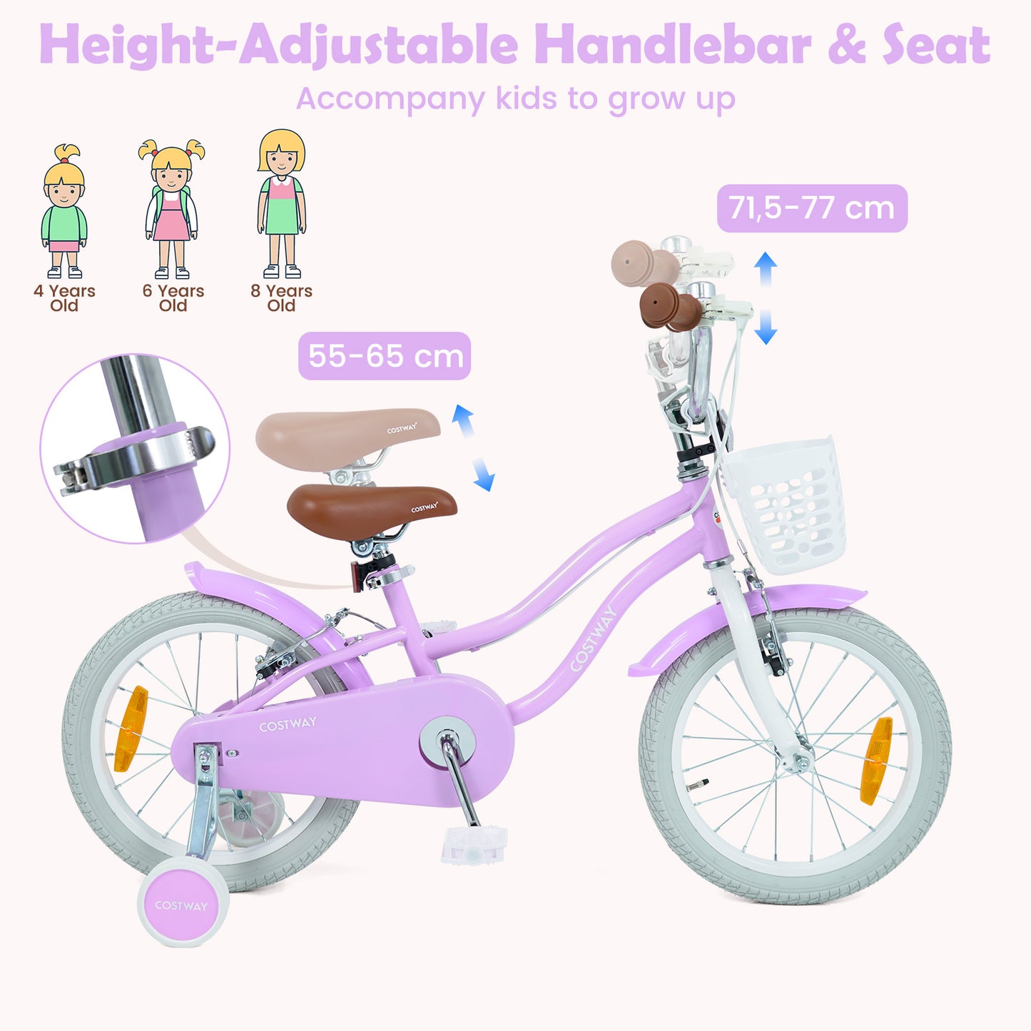 LIVSK Kinderfiets 16 inch - Verstelbaar Stuur - Handrem en V-remmen - Robuust Metaal - Roze/Paarse