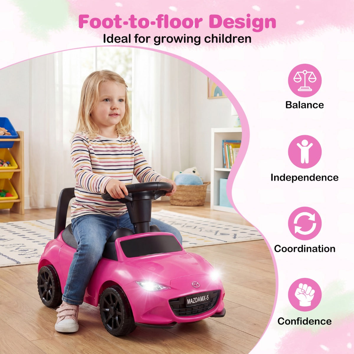 LIVSK Kinderglijauto - Voet-op-de-grond-ontwerp - Opbergruimte Onder Zitting - Slijtvaste Wielen - Voor Peuters 1-3 Jaar - Roze