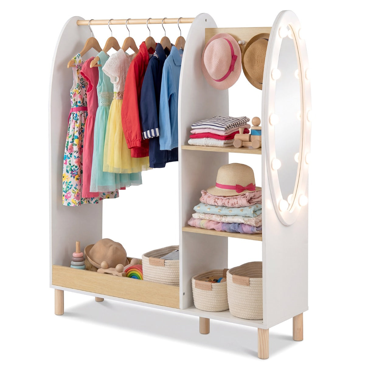 LIVSK Kinderkledingkast - Grote Opbergcapaciteit - Verlichte Spiegel met 10 LED-lampjes - Stevig Houten Frame - Wit