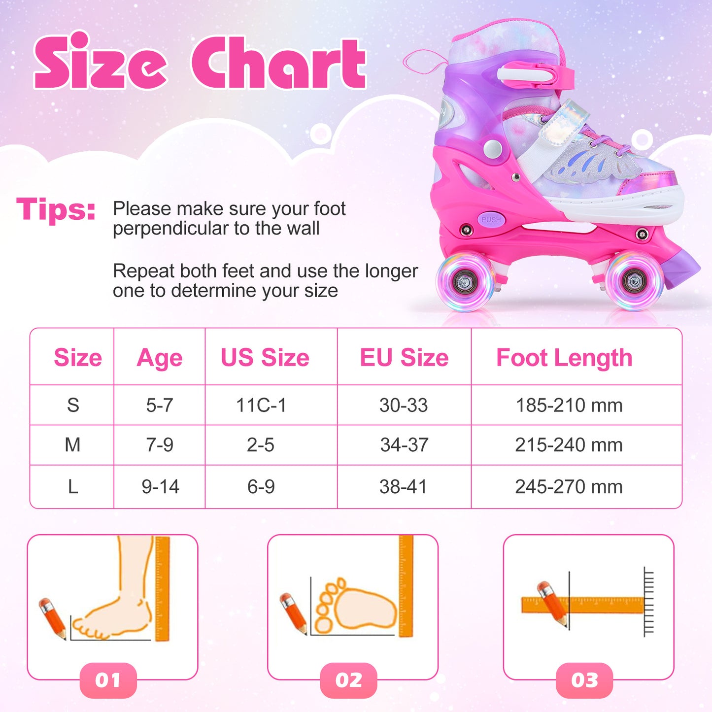 LIVSK Kinderrolschaatsen - Meegroeidesign - Verlichte Wielen - Drievoudig Sluitingssysteem - Vlinderdesign - Blauw/Roze