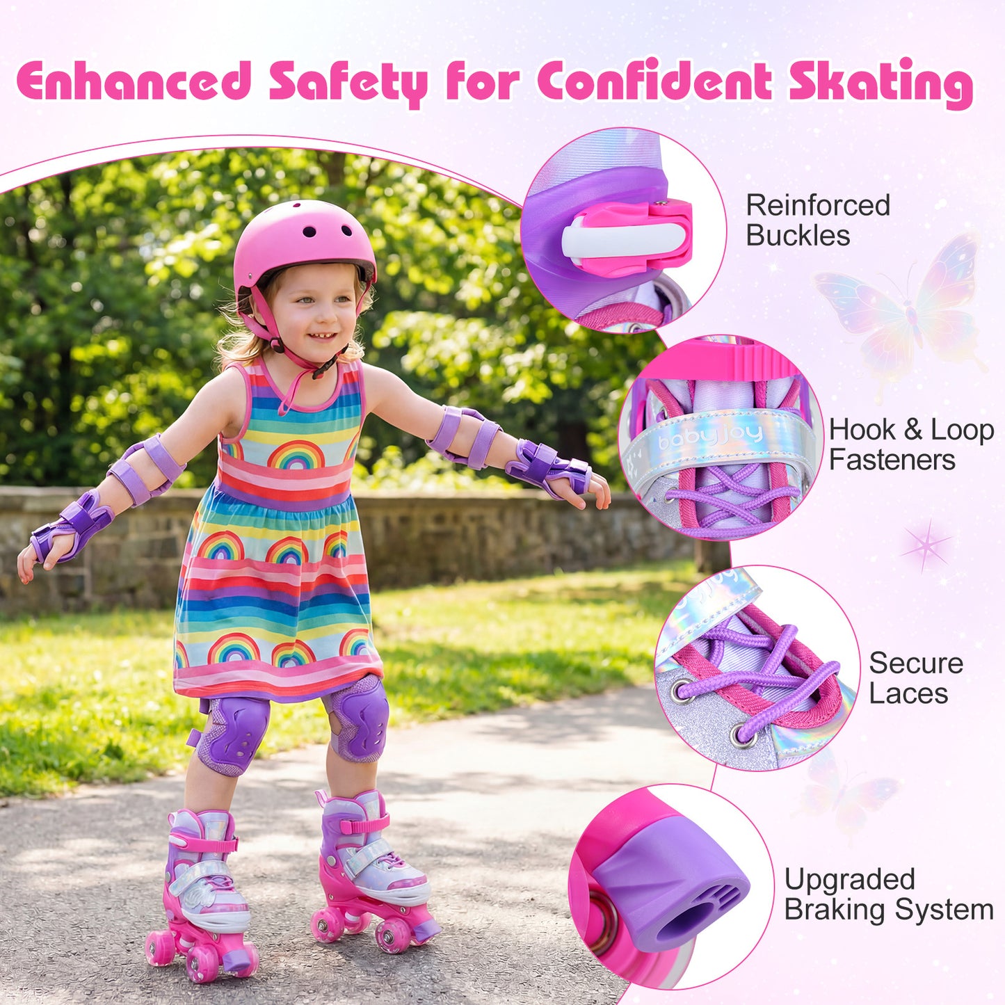 LIVSK Kinderrolschaatsen - Meegroeidesign - Verlichte Wielen - Drievoudig Sluitingssysteem - Vlinderdesign - Blauw/Roze