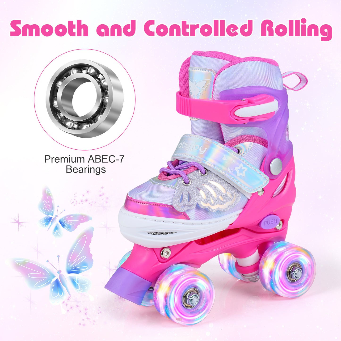 LIVSK Kinderrolschaatsen - Meegroeidesign - Verlichte Wielen - Drievoudig Sluitingssysteem - Vlinderdesign - Blauw/Roze