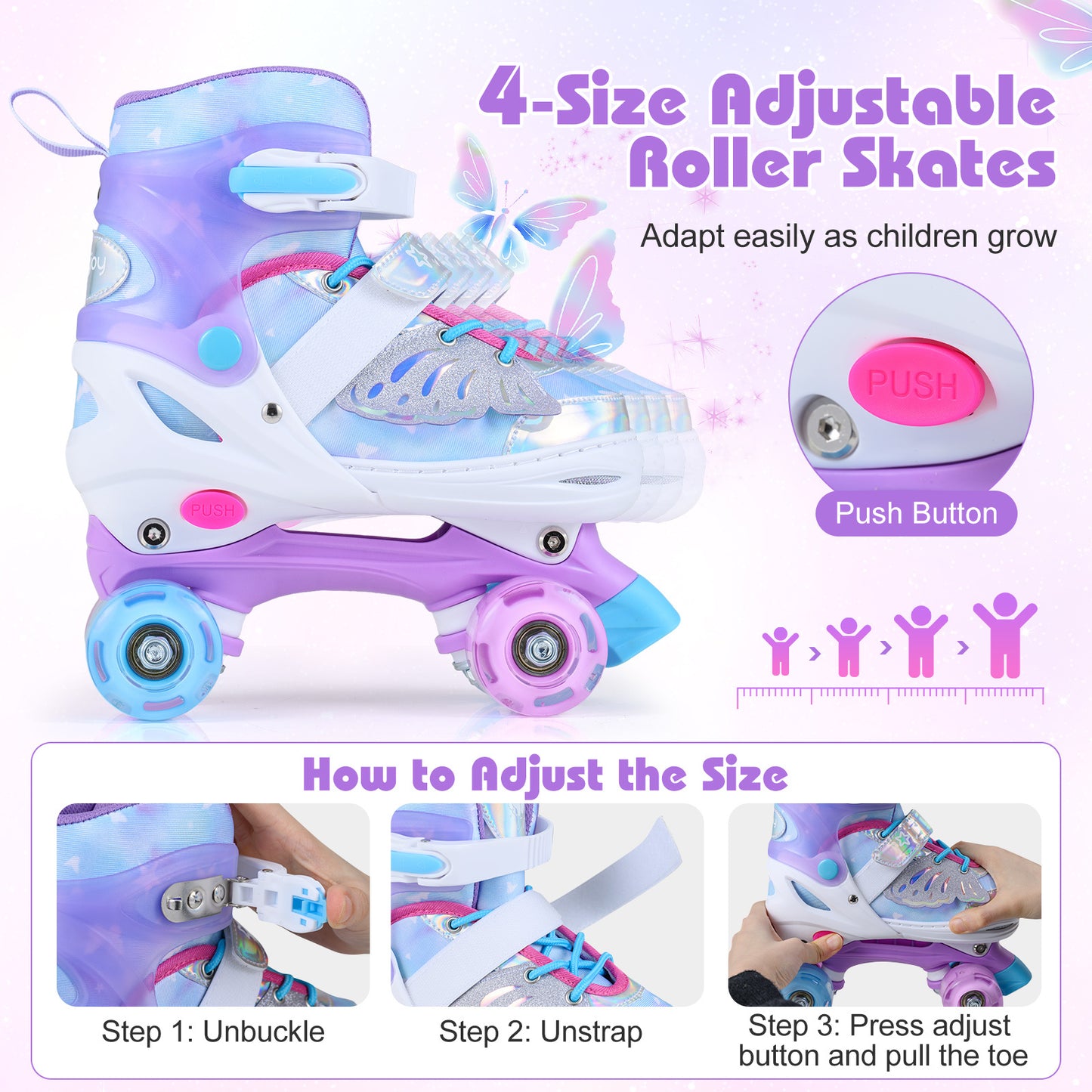 LIVSK Kinderrolschaatsen - Meegroeidesign - Verlichte Wielen - Veilig & Comfortabel - Voor Kinderen 5-14 Jaar - Blauw/Roze
