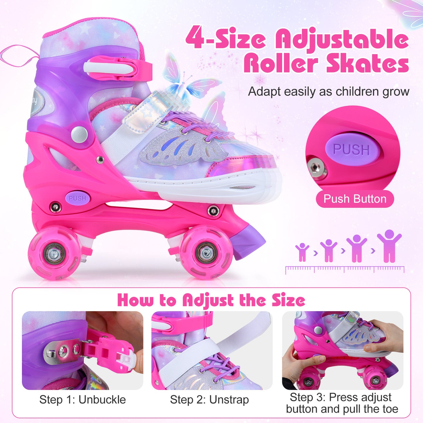 LIVSK Kinderrolschaatsen - Verstelbaar in 4 Maten - Verlichte Wielen - Veilig & Comfortabel - Blauw/Roze