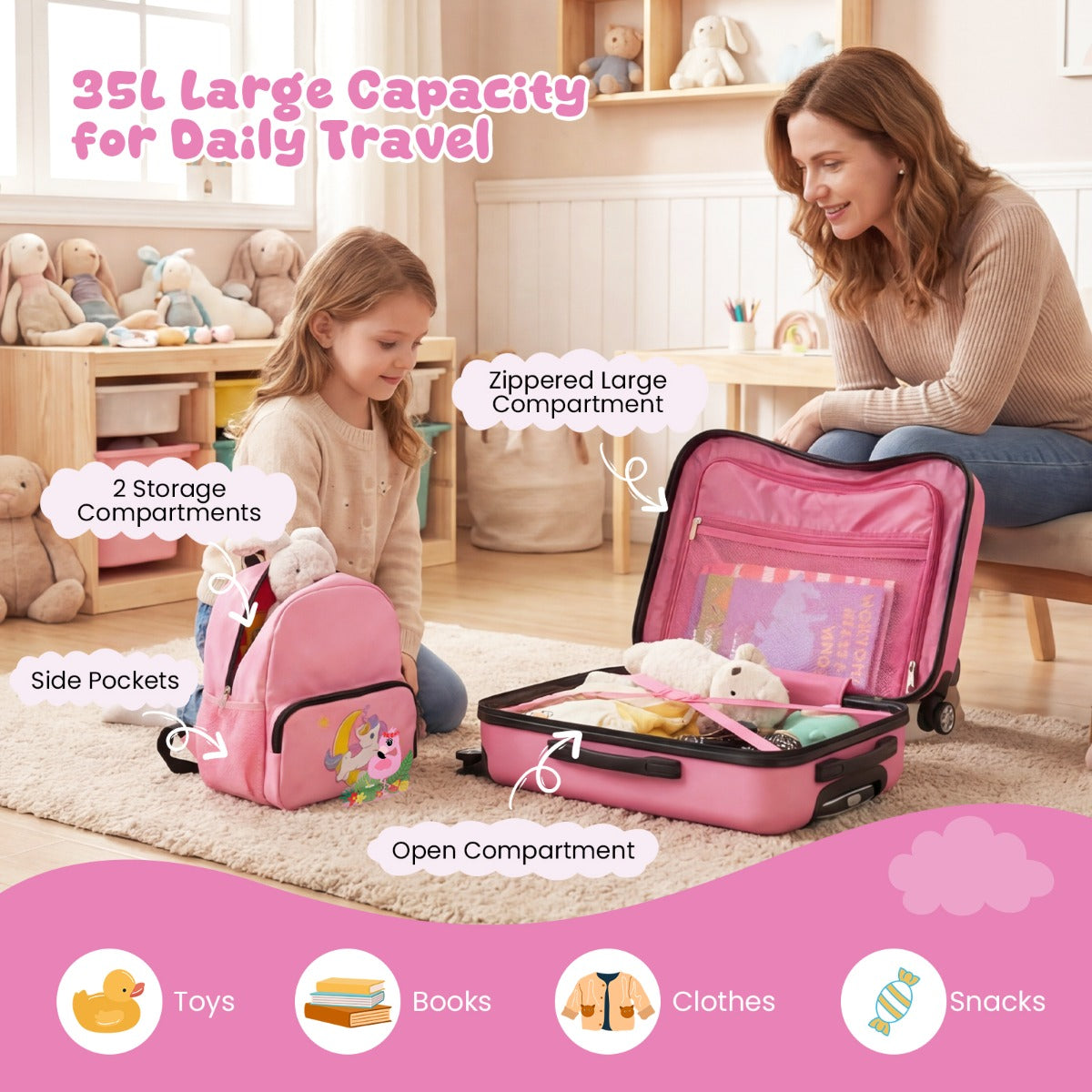 LIVSK Kinderrugzak - Eenhoornmotieven - Draaggreep aan de Rechterkant - Klassieke Stijl - Roze