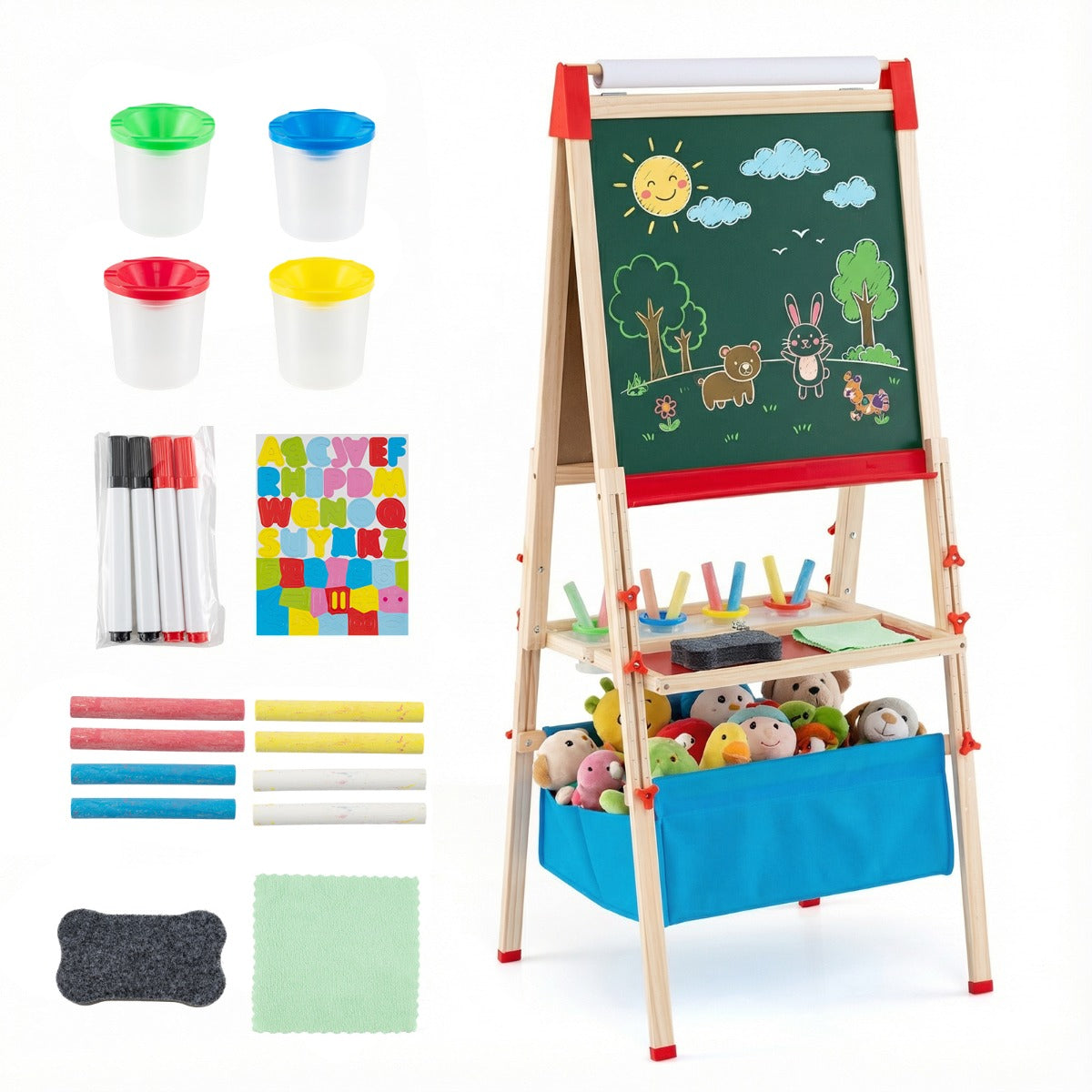 LIVSK Kinderschildersezel - Verstelbaar van 120-145 cm - Dubbelzijdig met Krijtbord & Whiteboard - Inclusief 4 Verfbekers -