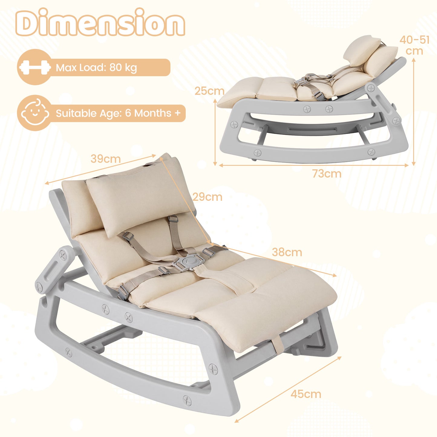 LIVSK Kinderschommelstoel - 2 in 1 Functie - Verstelbare Rugleuning - HDPE Materiaal - Veiligheidsriem - Grijs/Beige/Roze