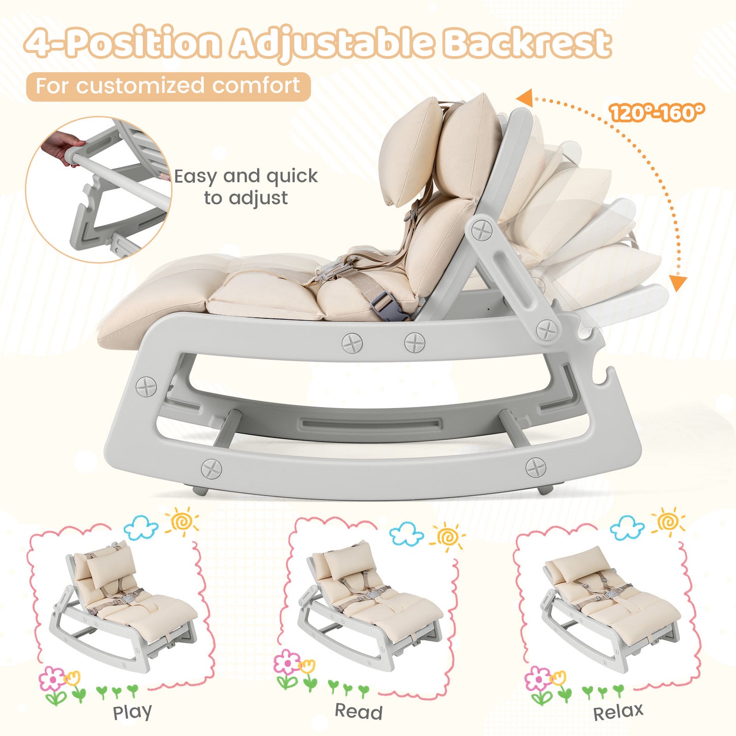 LIVSK Kinderschommelstoel - 2 in 1 Functie - Verstelbare Rugleuning - HDPE Materiaal - Veiligheidsriem - Grijs/Beige/Roze