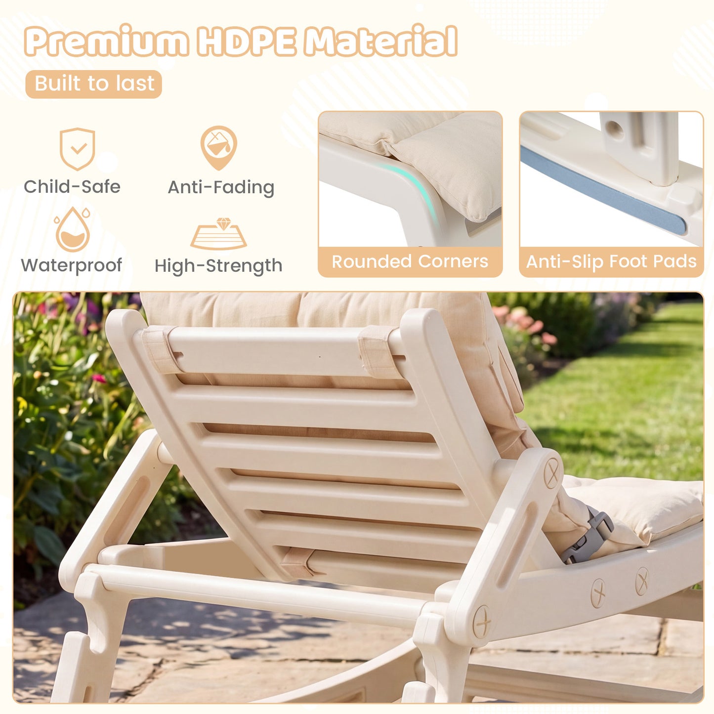 LIVSK Kinderschommelstoel - 2 in 1 Functie - Verstelbare Rugleuning - HDPE Materiaal - Voor Binnen en Buiten - Grijs/Beige/Roze
