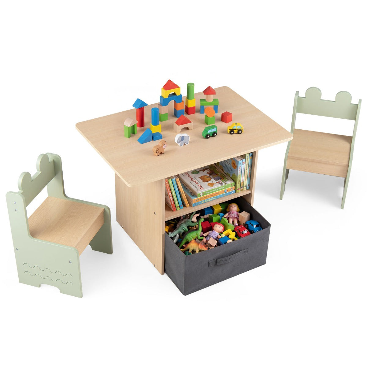 LIVSK Kinderset met Tafel en 2 Stoelen - Duurzaam MDF - Hoge Rugleuning - Ruime Opbergruimte - Voor Kinderen - Groen
