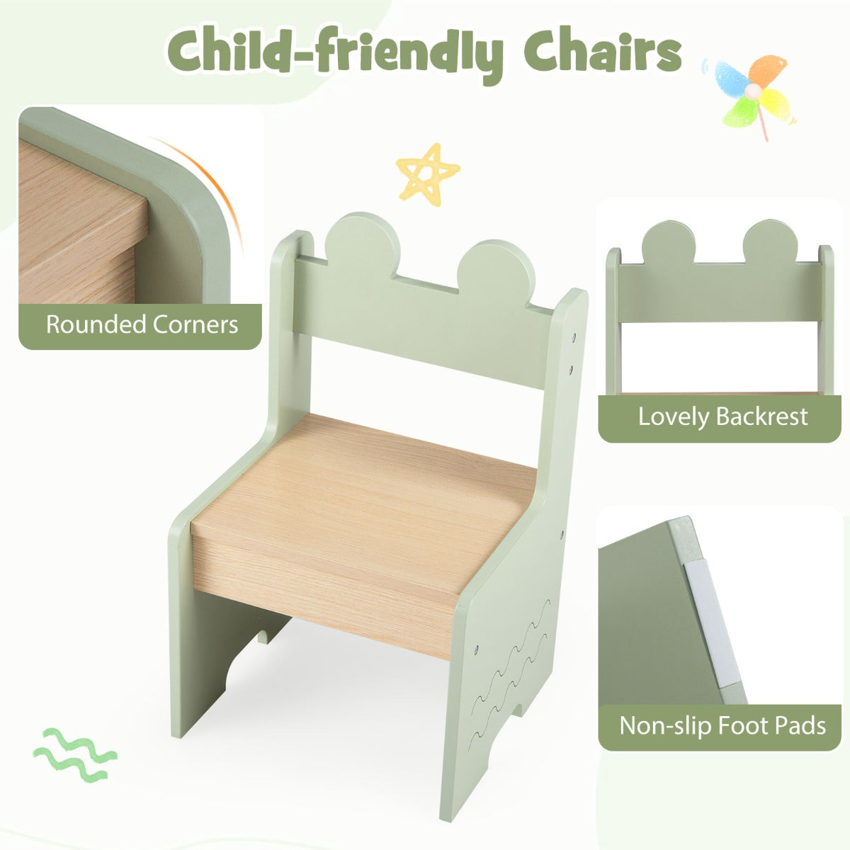 LIVSK Kinderset met Tafel en 2 Stoelen - Duurzaam MDF - Hoge Rugleuning - Ruime Opbergruimte - Voor Kinderen - Groen