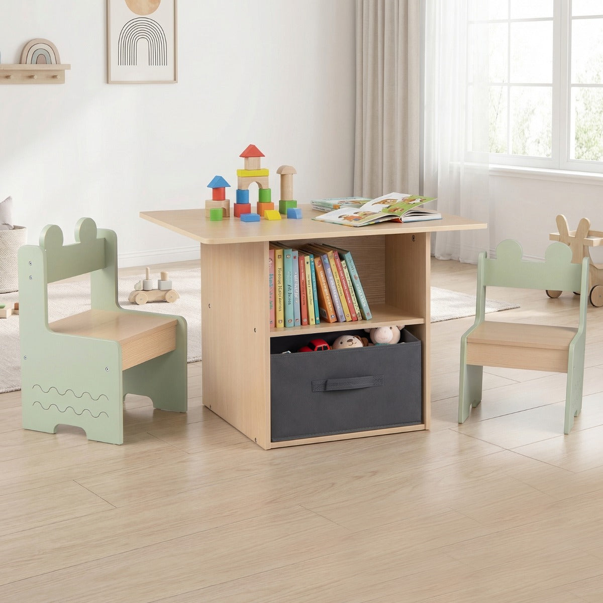 LIVSK Kinderset met Tafel en 2 Stoelen - Duurzaam MDF - Hoge Rugleuning - Ruime Opbergruimte - Voor Kinderen - Groen