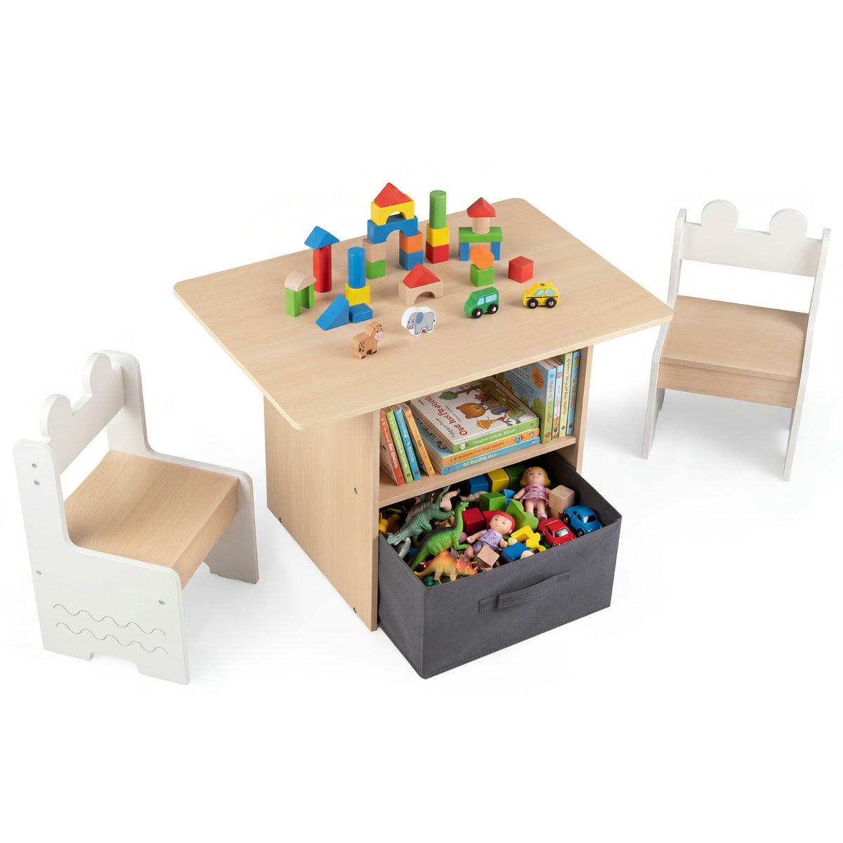 LIVSK Kinderset - Praktische Tafel en 2 Stoelen - Ruime Opbergruimte - Robuuste Constructie - Wit en Naturel