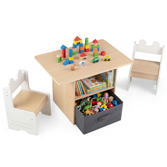 LIVSK Kinderset - Praktische Tafel en 2 Stoelen - Ruime Opbergruimte - Robuuste Constructie - Wit en Naturel