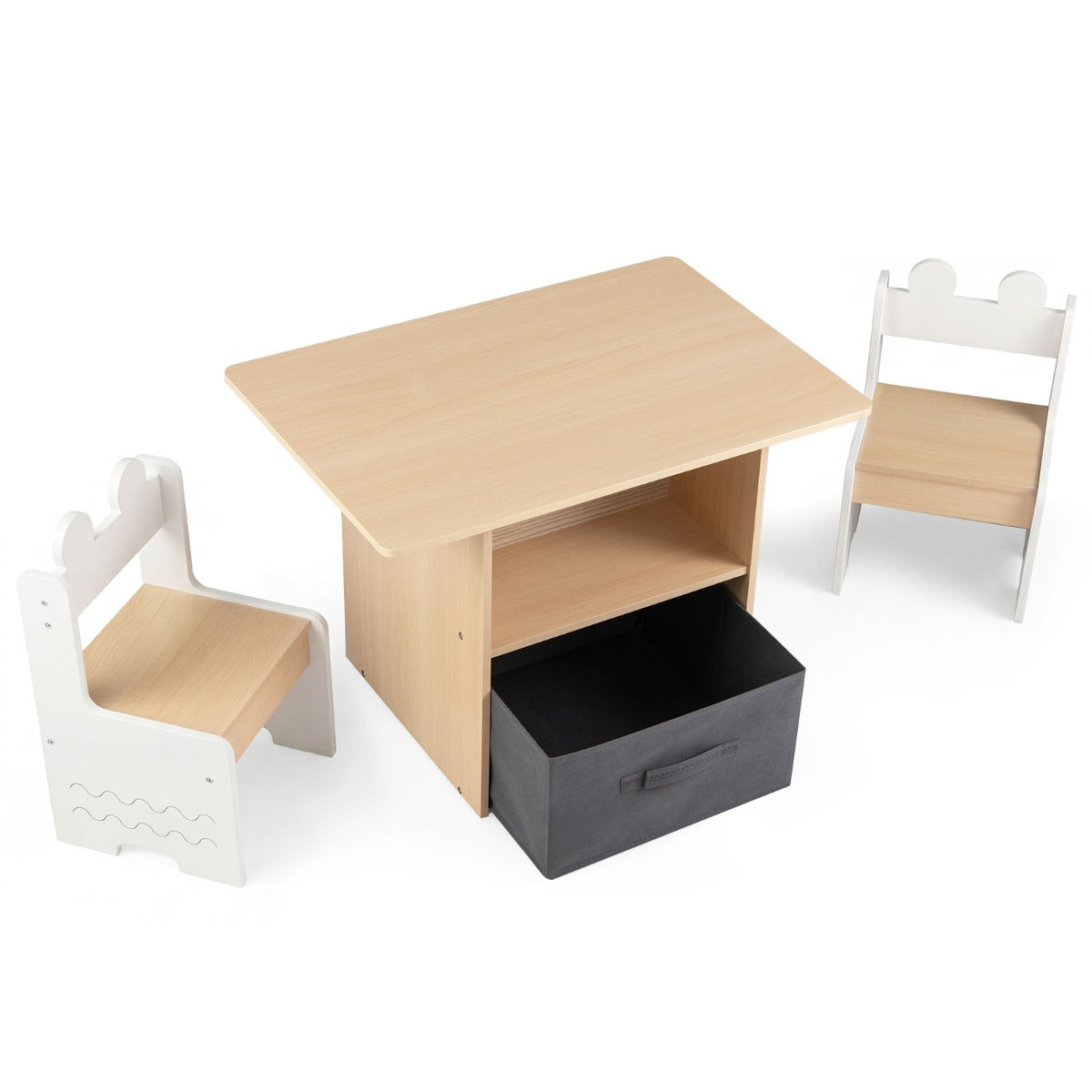 LIVSK Kinderset - Praktische Tafel en 2 Stoelen - Ruime Opbergruimte - Robuuste Constructie - Wit en Naturel