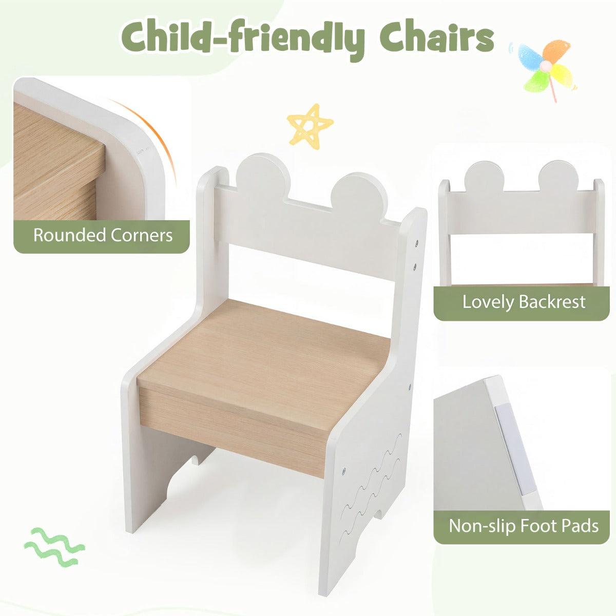 LIVSK Kinderset - Praktische Tafel en 2 Stoelen - Ruime Opbergruimte - Robuuste Constructie - Wit en Naturel