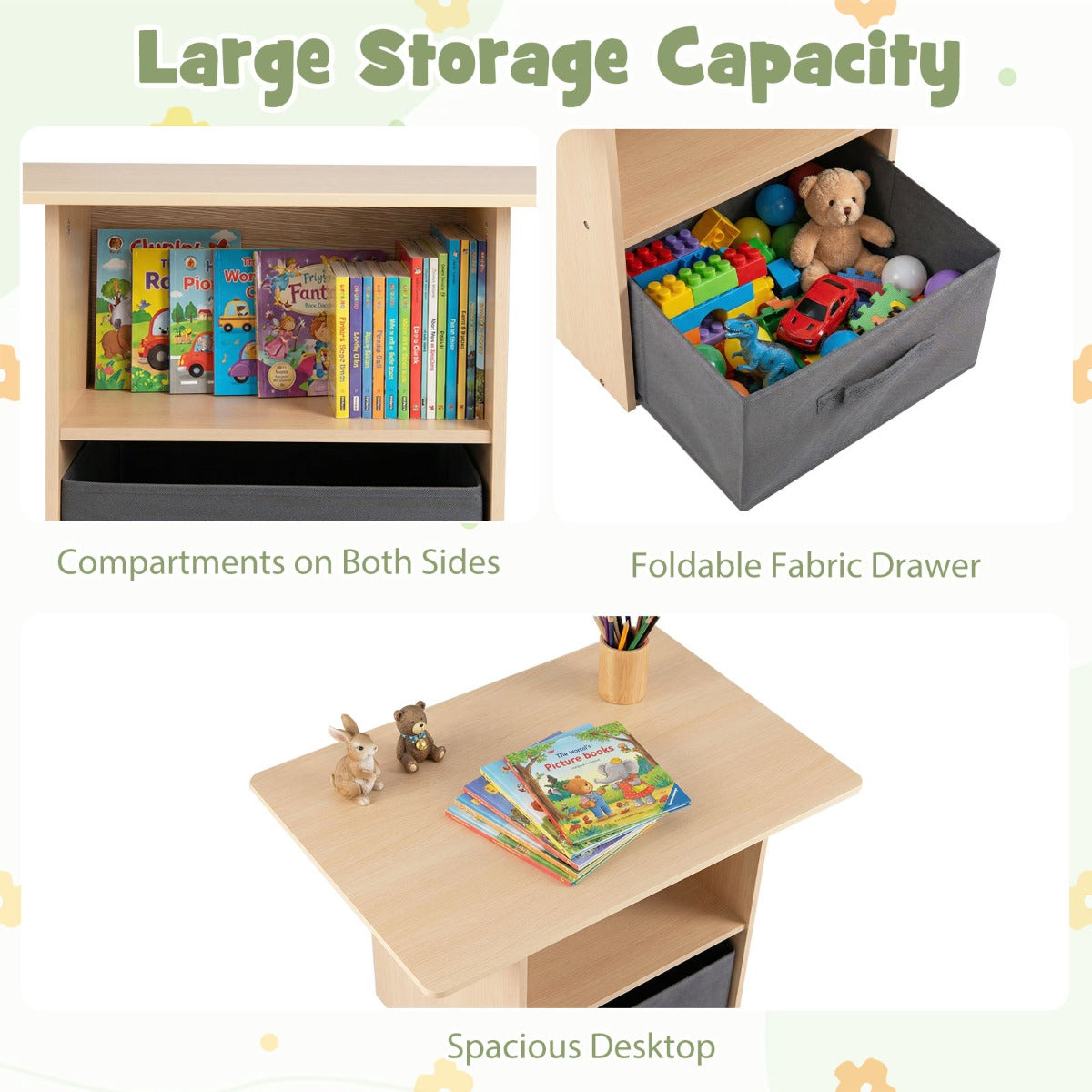 LIVSK Kinderset - Praktische Tafel en 2 Stoelen - Ruime Opbergruimte - Robuuste Constructie - Wit en Naturel