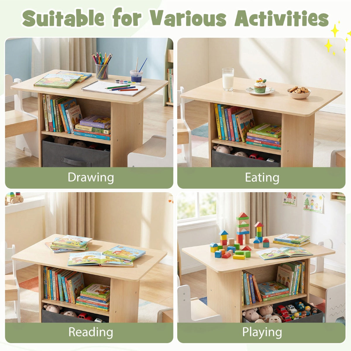 LIVSK Kinderset - Praktische Tafel en 2 Stoelen - Ruime Opbergruimte - Robuuste Constructie - Wit en Naturel