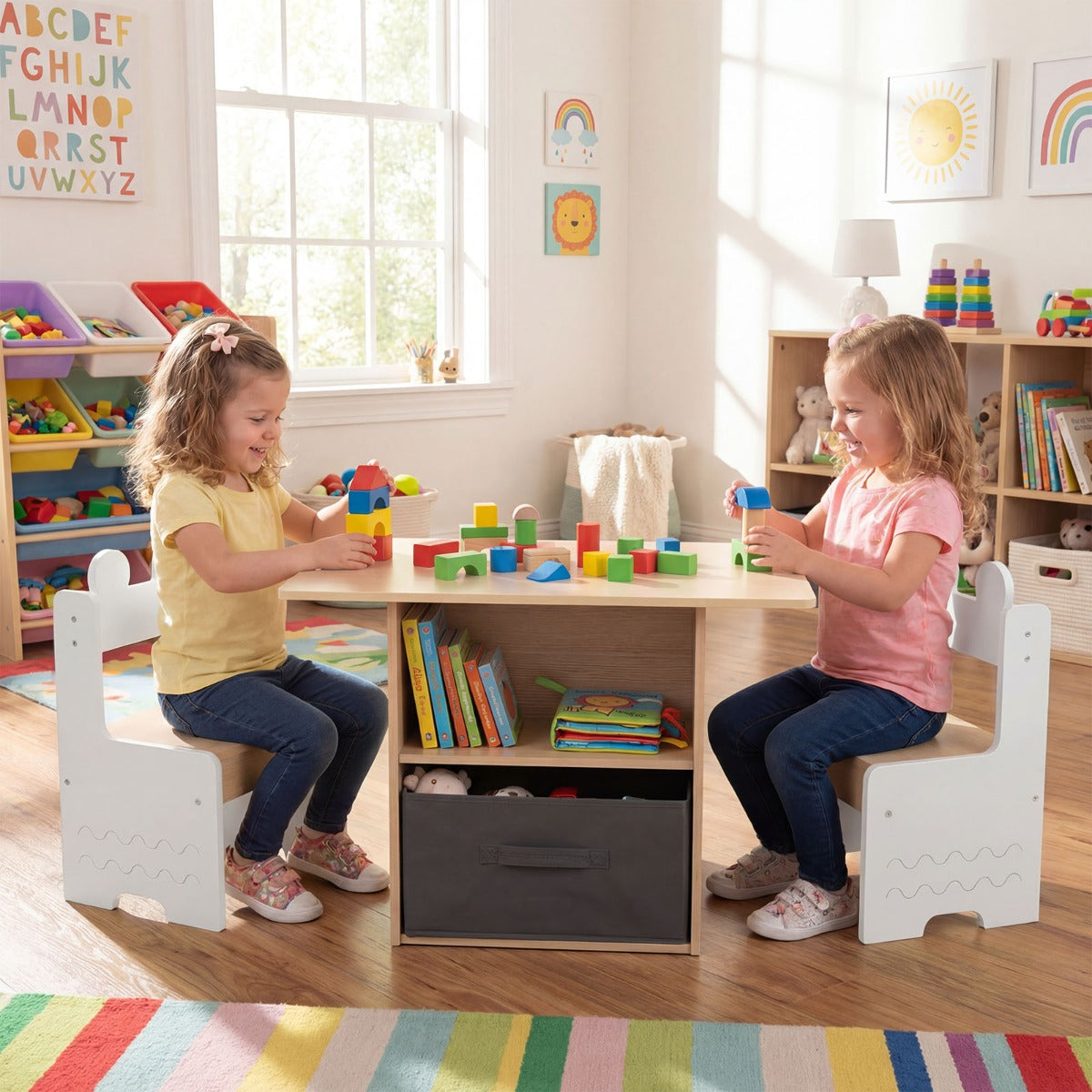 LIVSK Kinderset - Praktische Tafel en 2 Stoelen - Ruime Opbergruimte - Robuuste Constructie - Wit en Naturel